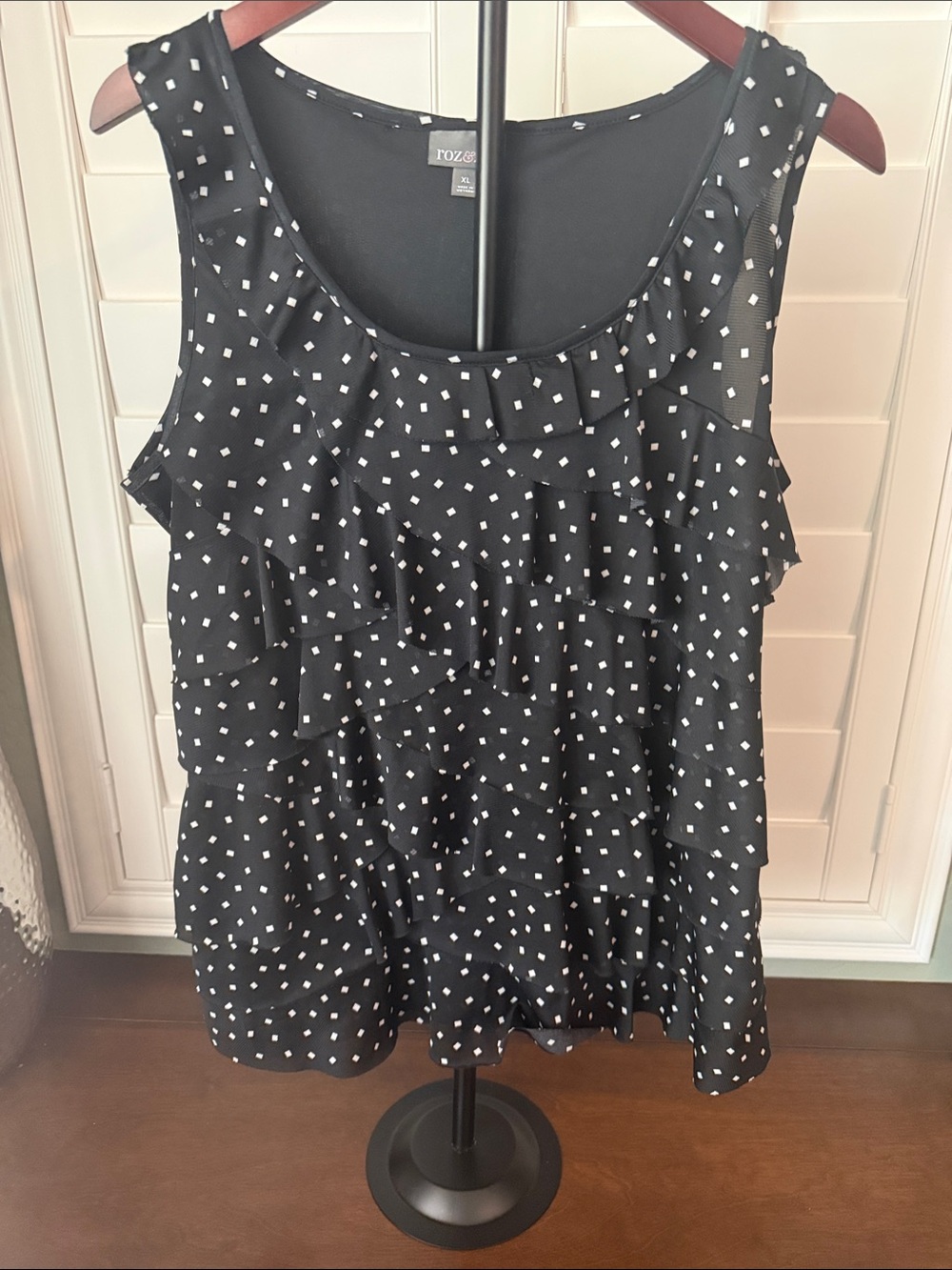 Roz & Ali Black and White Square Polka Ruffle Tank